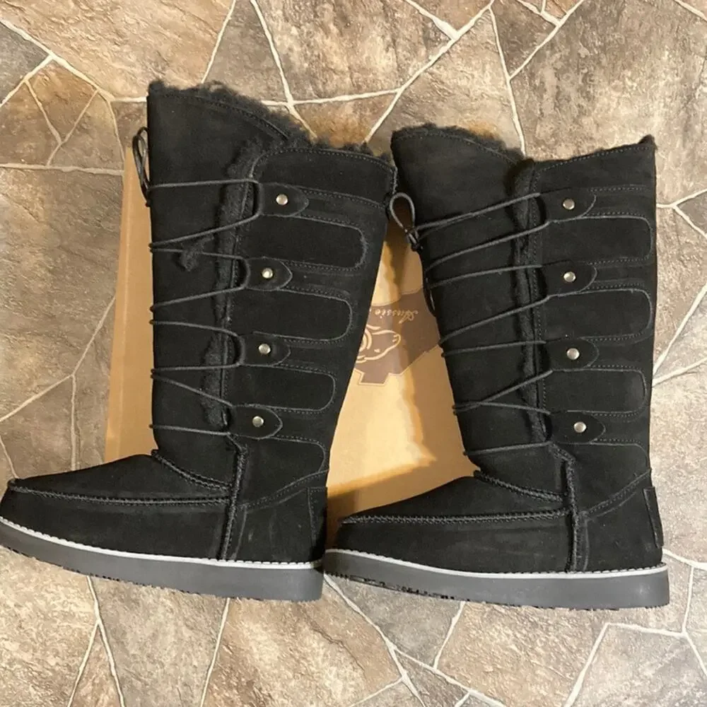 New in Box Aussie Merino Tasman Black Suede & Wool Boots Sz 4